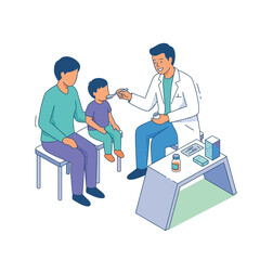 Obraz premium Pediatrician providing liquid medicine from a small spoon to a young sick boy while a supportive parent watches during a medical consultation on white background