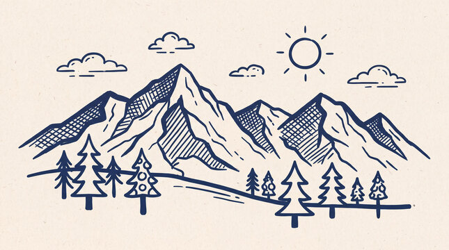 A simple, hand-drawn sketch of a mountain range under a sunny sky with fluffy clouds and pine trees.