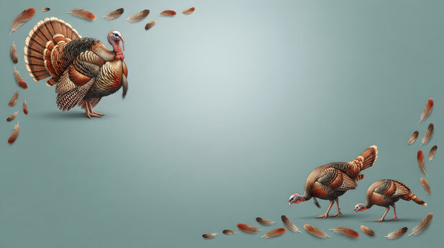 Thanksgiving Turkey Autumn Banner on Teal Background