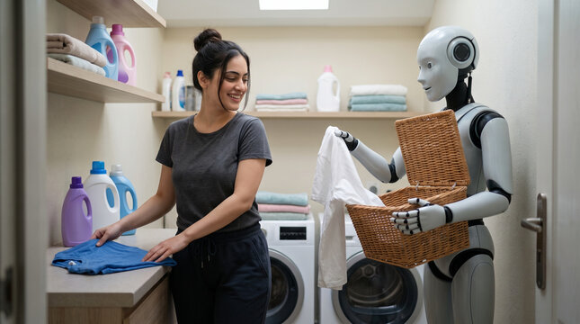 Smiling young woman folding clothes while futuristic humanoid robot holding laundry hamper assists in modern utility room