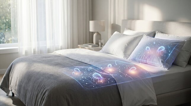 a clean bed in a bedroom with a glowing showing dust mites and allergens.