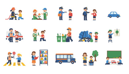 Fototapeta premium Set of pixel art characters depicting various community workers and children in daily activities