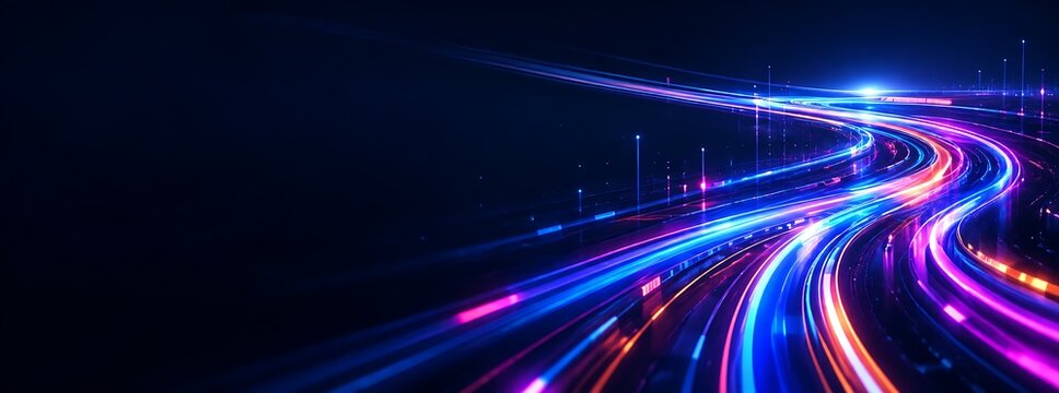 Futuristic digital data stream with glowing light trails and cyber speed lines representing modern technology, big data network, and high-speed fiber optic connection.