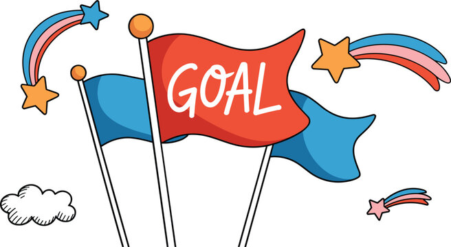 Business success goal vector illustration concept featuring waving flags alongside shooting stars and a small cloud element isolated on white 