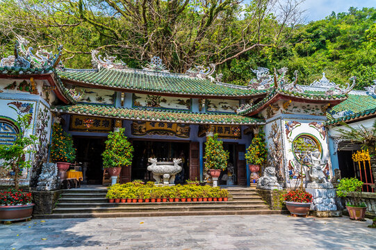 A view towards the Linh Ung Pagoda located on Thuy Son, the largest of the Marble Mountains in Da Nang, Vietnam on a bright sunny day