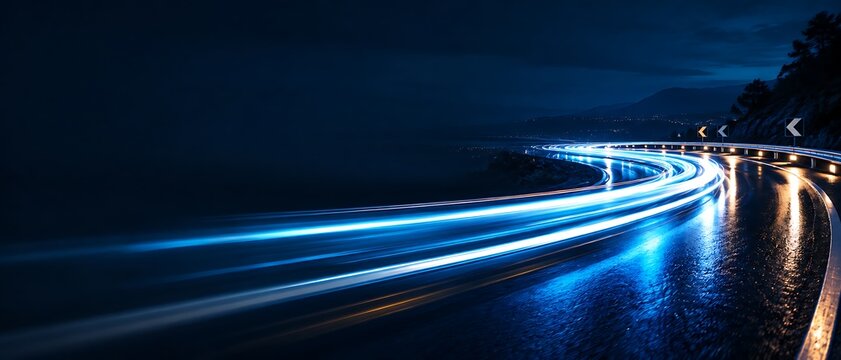 Light trails on a winding wet highway at night with cinematic blue tones, fast motion blur and copy space banner background