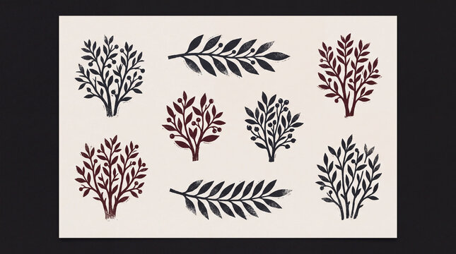 Set of graphic illustrations of branches and stylized bushes with berries in dark blue and maroon colors.