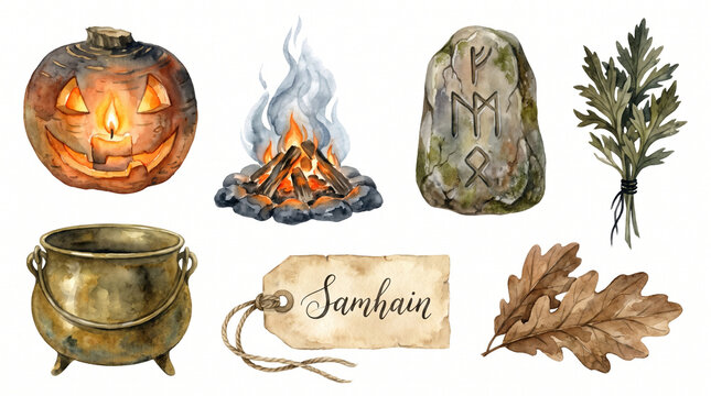 Watercolor Samhain set featuring a jack-o'-lantern, bonfire, rune stone, mugwort bundle, brass cauldron, oak leaves, and tag reading "Samhain". Pagan Halloween assets 