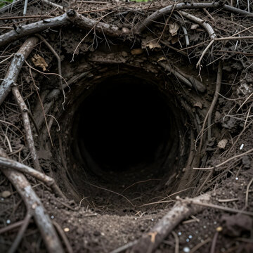 Mystery and unknown concept, dark tunnel entrance in the ground surrounded by dry branches and soil in a forest environment for adventure themes