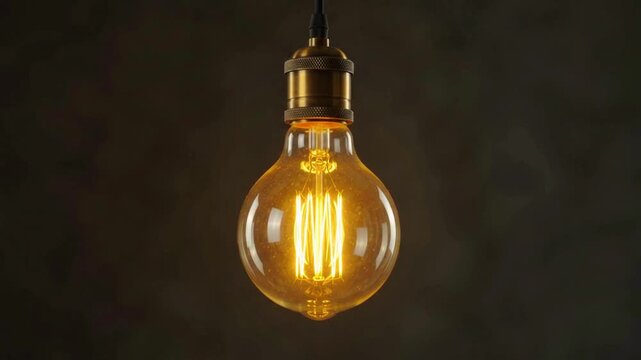 Close up of an antique vintage light bulb glowing warmly in a dark room, symbolizing bright ideas, innovation, and creativity