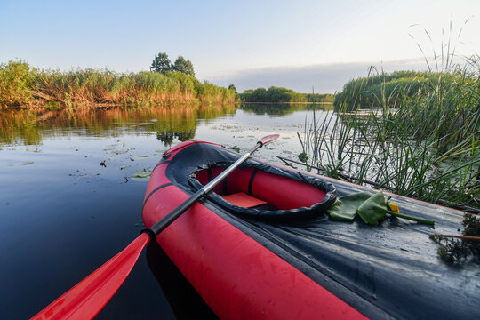 First-person view from empty red packraft with paddle on calm river surrounded by lush reeds and water lilies. Active lifestyle concept.