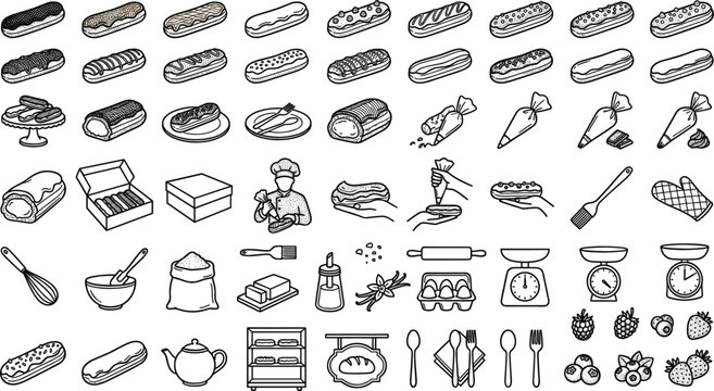 Bakery line art icon sheet featuring eclair pastries pastry bags cooking ingredients baking tools and chef 