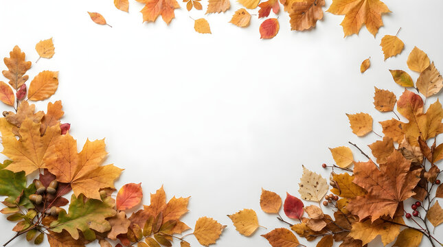 Autumn Leaf Wreath Border on White Background