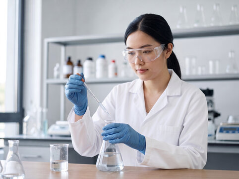 young asian female student wearing safety goggles and lab coat using pipette with erlenmeyer flask in modern chemistry research laboratory