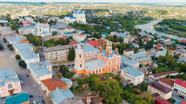 Yelets, Lipetsk region, Russia. Church of the Archangel Michael in Yelets. Historic city center. Drone footage