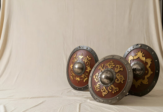 Defense and protection concept, three medieval round shields with ornate gold metalwork and steel bosses displayed on a neutral fabric background