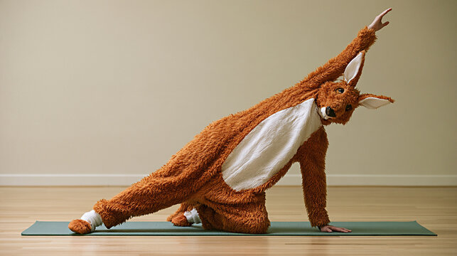 Person in a brown rabbit costume performing a yoga pose on a green mat in a bright indoor space with wooden flooring and neutral-colored walls