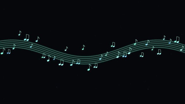 An elegant motion graphic featuring teal musical notes dancing over wavy lines on a black background. Perfect for music-related intros, backgrounds, and artistic visual designs.