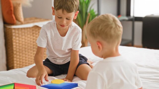 Two brothers on a bed, older boy places a wooden rainbow block while toddler watches in a bedroom inside a building; playful sibling bonding.