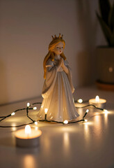 Fototapeta premium Spirituality and peace, ceramic angel figurine with prayer hands and crown surrounded by warm fairy lights and candles for holiday home decor