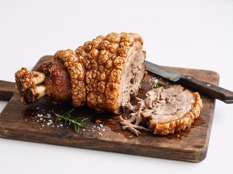 Roasted pork knuckle with crispy crackling on a wooden cutting board