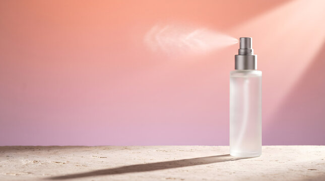Frosted Glass Spray Bottle Misting Cosmetic Product on Pink Background