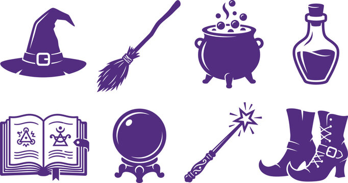 A collection of eight distinct dark purple vector icons depicting classic witch and wizard accessories including a hat, broom, cauldron, potion, spellbook, crystal ball, wand.