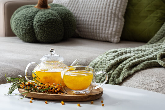 Cozy autumn scene featuring hot sea buckthorn tea and berries on a tray indoors