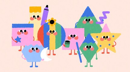 Fototapeta premium whimsical collection of brightly colored, childish cute crayon textured geometric characters, standing together, featuring circle, square, triangle, rectangle, rhombus, star, hexagon