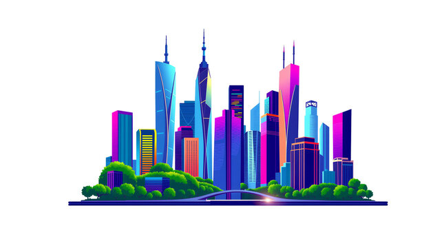 vibrant illustration of modern city skyline featuring tall skyscrapers in shades of blue, purple, pink, and green, with trees base and bridge in the foreground against white background