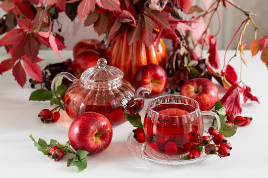 Autumn Harvest Tea Time with Apples and Rose Hips Arrangement