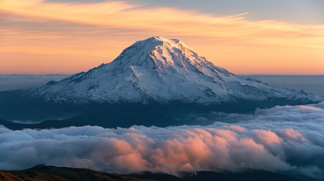 Majestic snow covered mountain peak at sunrise above clouds.