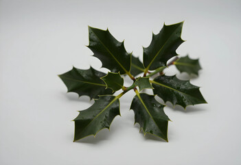 Fototapeta premium Christmas holiday decoration, holly leaves with water droplets for winter seasonal greeting cards and festive botanical design on a white background