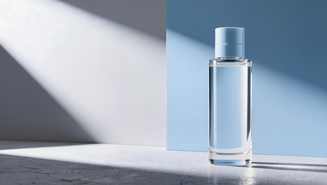 Blue Perfume Bottle with Clear Liquid on Blue Geometric Background