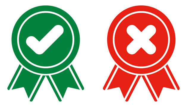 Checkmark and crossmark, certified ribbon badge icon vector illustration