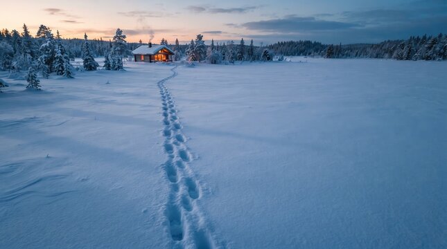 Footprints in deep snow leading to a cozy log cabin with glowing windows in a winter forest at twilight, capturing serene winter isolation and homecoming for travel and holiday marketing.