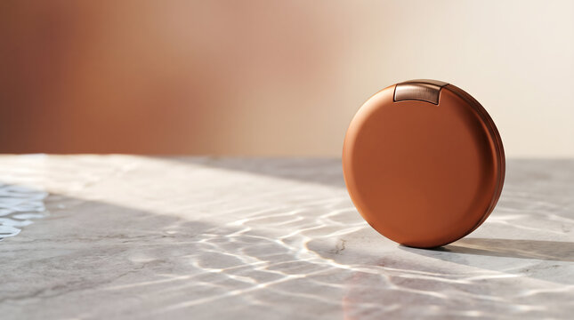 Round Copper Compact Case on Wet Marble Surface