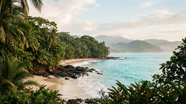 exotic coastal landscape concept featuring dense jungle vegetation, rocky shore, and turquoise sea