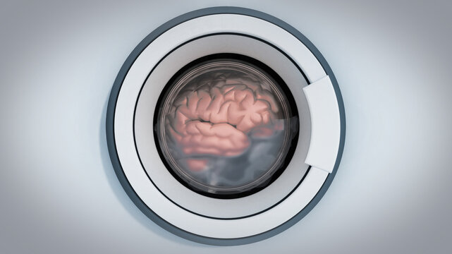 Brain being washed in washing machine. 3D illustration