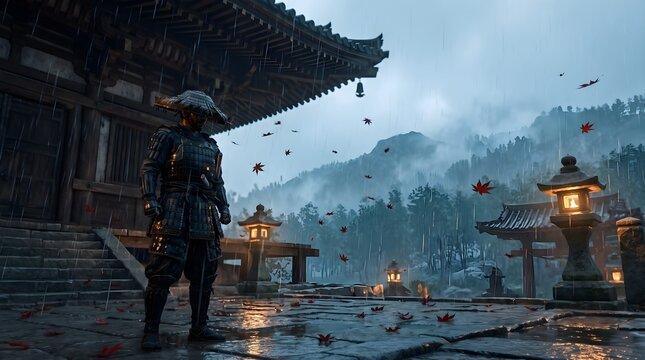 Japanese samurai warrior standing at ancient temple, traditional ronin in armor during rain, cinematic feudal Japan scenery with stone lanterns