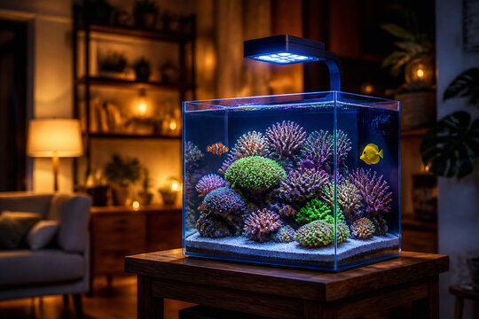 A brightly lit, vibrant saltwater aquarium with colorful coral and fish sits on a wooden table in a dimly lit room.