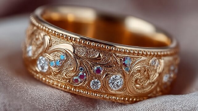 Gold engagement ring with intricate filigree and blue sapphires displayed on velvet cloth