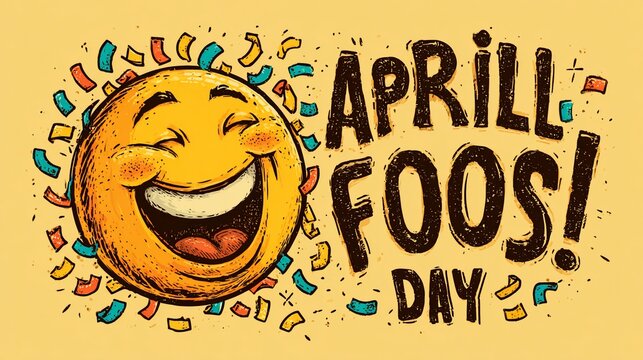 Happy cartoon sun face celebrating april fools day with floating joke props and confetti