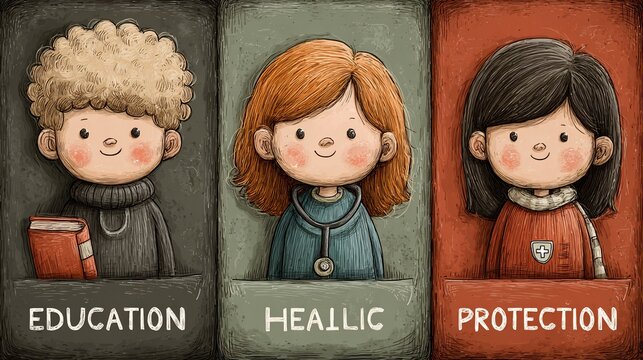 Three cartoon children representing education, healing, and protection in a neutral studio setting with labeled text blocks