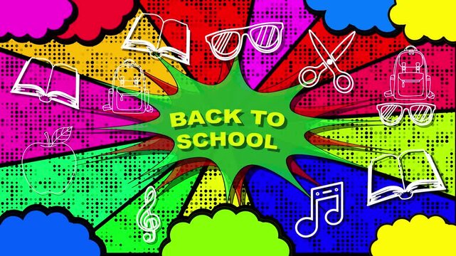A Vibrant Pop Art Back To School Illustration Featuring Hand Drawn Academic Icons Including Open Textbooks Backpacks Musical Notes Scissors And Eyeglasses Set Against A Colorful Multicolored Starburst