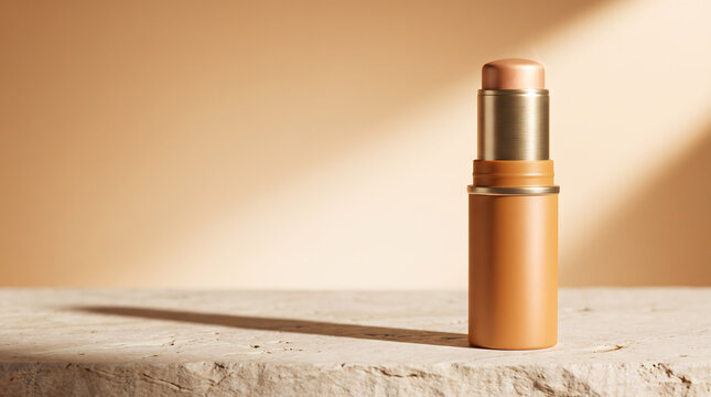 Gold and Tan Cosmetic Stick with Rose Gold Cap on Stone