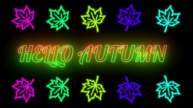 A Vibrant Hello Autumn Typographic Design Featuring Glowing Neon Multicolored Maple Leaf Illustrations Arranged In Rows Against A Deep Black Background Creating A Festive Seasonal Atmosphere For Graph