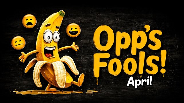 Banana character celebrating April Fools' Day with playful emoji expressions on dark background
