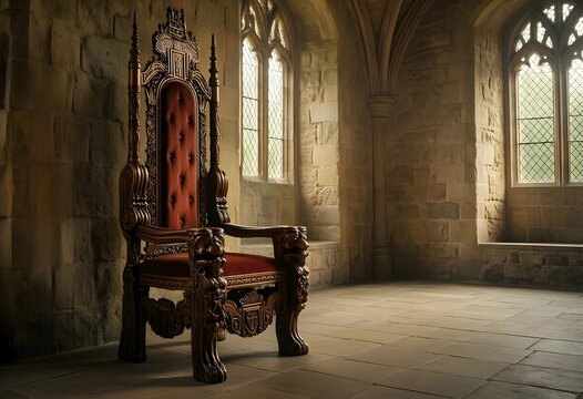 Leadership and power concept, ornate wooden throne with red velvet upholstery in a medieval stone castle hall with arched windows and natural light