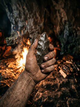 A close-up hand of a caveman holding a sharp stone tool against a warm flickering fire inside a dark prehistoric stone cave